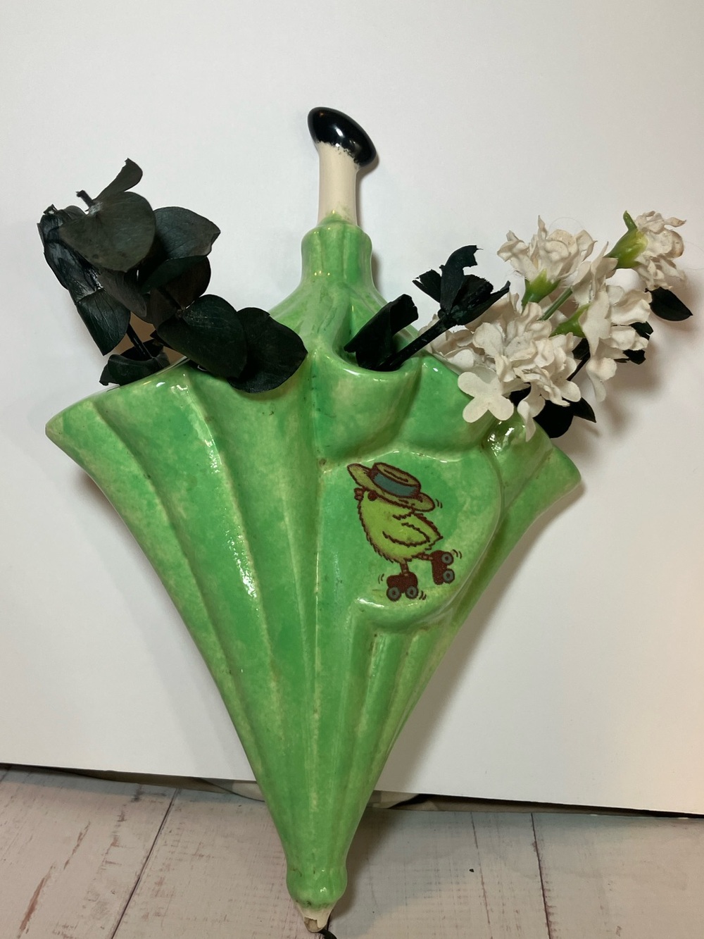 Vintage Ceramic Umbrella Wall Pocket Planter Bird On Roller Skates
